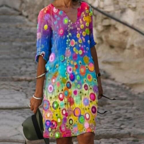 Print Dress Half Sleeve O Neck Midi Dress 2021 Summer Casual Loose Plus Size Retro Streetwear Dresses Women Vestidos Female