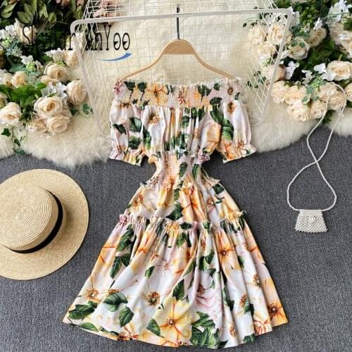 Summer Dress Women 2021 Mini Long Off Shoulder Puff Sleeves Holiday Tank Dress Pleated Elastic Waistline Pluz Size 2XL C328