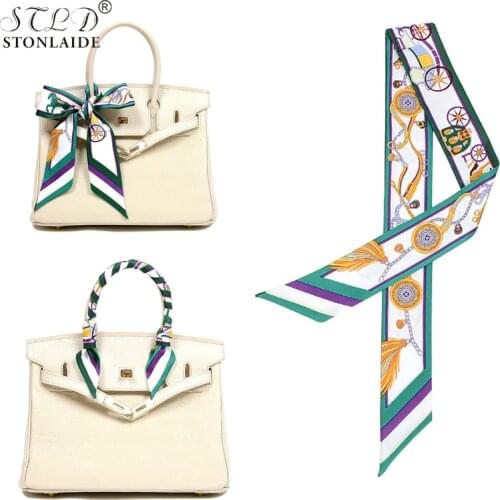 HOT Spring Summer Twill Silk Womens Neckerchiefs Horse Chain Printing Imitation Silk Bags Ribbon Small Long Hair Scarf 5X90CM