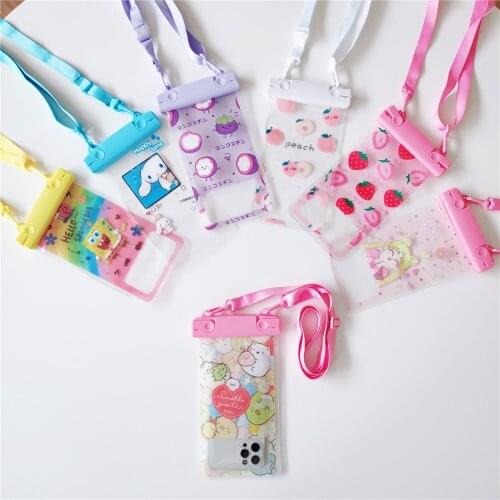Cartoon Fruit Printing Universal Waterproof TPU Mobile Phone Bag for iPhone Adjustable Lanyard Transparent Phone Cover