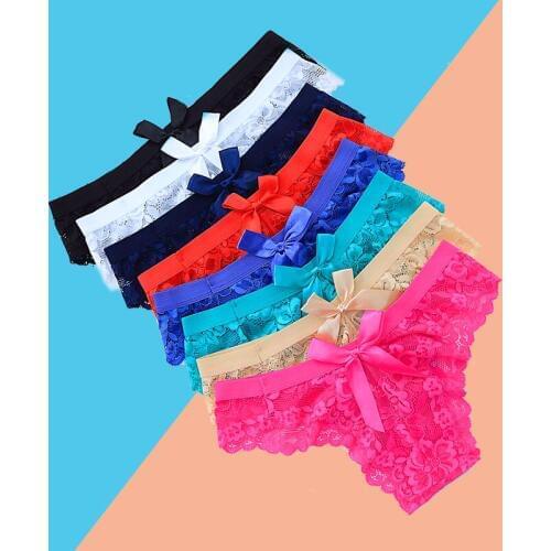 Sexy G-string Women Lingerie Solid Lace Flowers Bowknot Underpants Comfortable Transparent Panties Briefs 1/2/3pcs