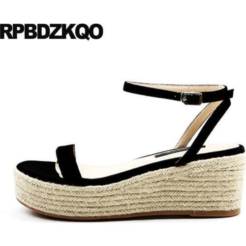 Women Ankle Strap Platform Wedge Sandals Summer Slingback Shoes Black Rope Pumps Soft Ladies Genuine Leather Strappy High Heels