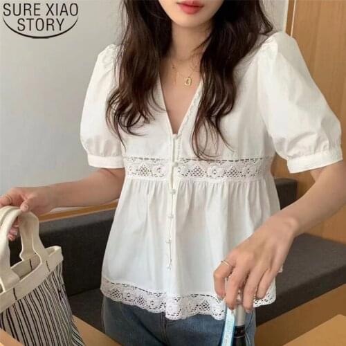 Korean Chic Summer Short Puff Sleeve Shirts Hollow Out Blouse Lace Shirt Women Tops 2021 V-Neck Loose Clothing Blusas 14244