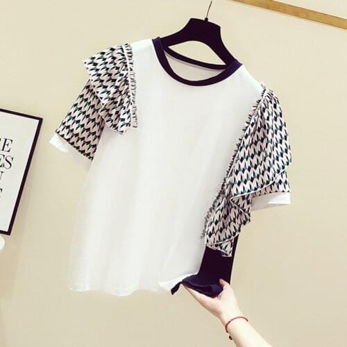 Womens Cloth 2021 Summer New Korean Style Plaid Scarf Ruffled Patch Round Neck Short Sleeve T-shirt Casual Top Tees