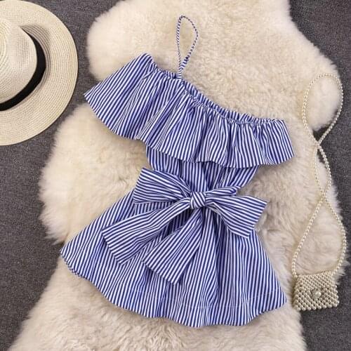 2021 New Summer Womens Shirt Blue Striped Print Sash Tie Up Ruffles Blouse Sexy One Shoulder Strap Sleeveless Female Tops
