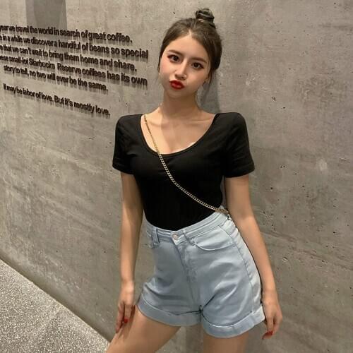 Women Cute Basic T Shirt Short Sleeve Top Backless Sexy Summer Cotton Tshirt Black T-shirt Oversized Casual Girl Tee Shirt Femme
