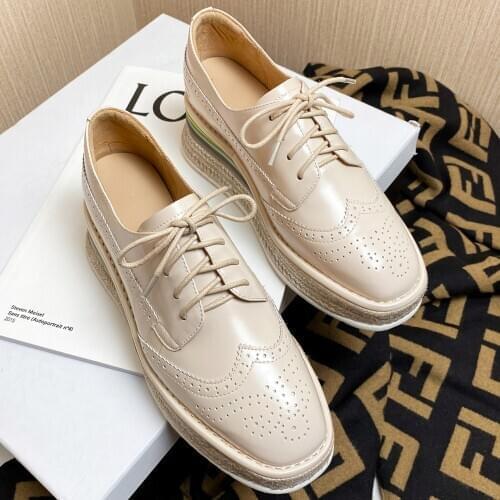 Womens genuine leather thick sole wedge platform flats oxfords hemp decoration square toe carving british style casual shoes