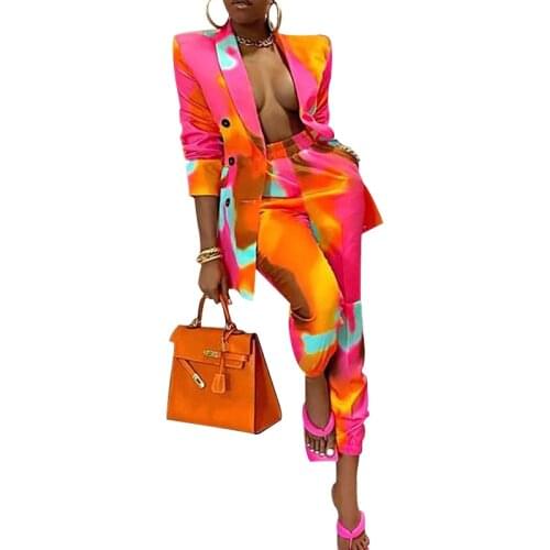 Blazer Pant 2 Piece Set Women Notched Long Jacket Tops Trousers Outfits Autumn Tie Dye Streetwear Office Lady Blazer Pant Suits