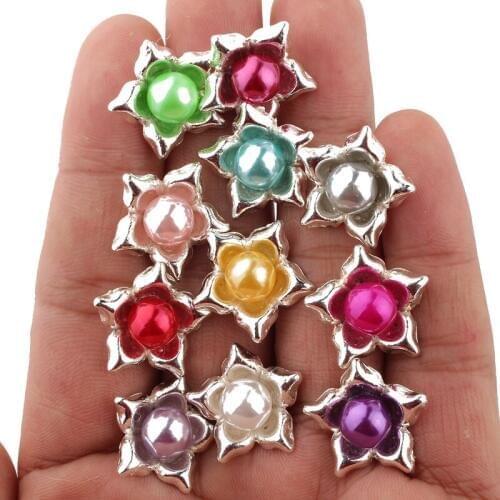 120PCS 20mm Newborn Silver Flatback Pentagram Metal Button for Flower Center Shiny Pearl Beads Decorative Buttons Craft Supplies