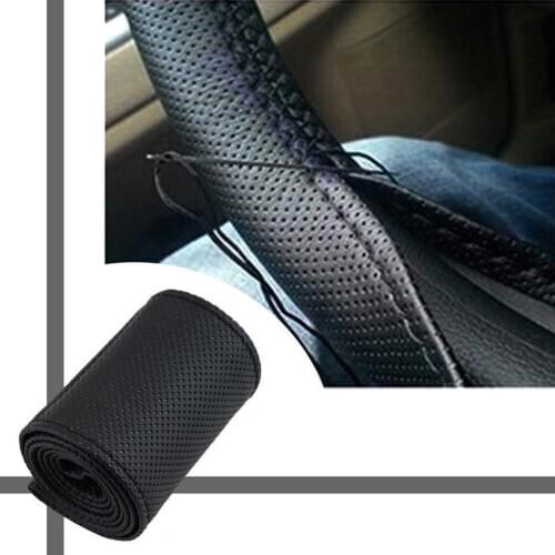 DIY Car-Styling Auto PU Leather Car Steering Wheel Covers With Needles And Thread Interior Accessories Black 37-38cm