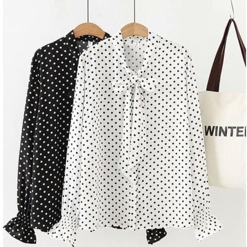 Plus size flare sleeve bow collar polka dot chiffon blouses women 2019 casual white & black shirt spring & autumn ladies tops