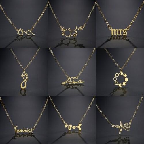 Chemistry Molecule Hummingbird Ocean Wave Stainless Steel Necklace For Women Female Retro Vintage Jewelry Pendant Necklace