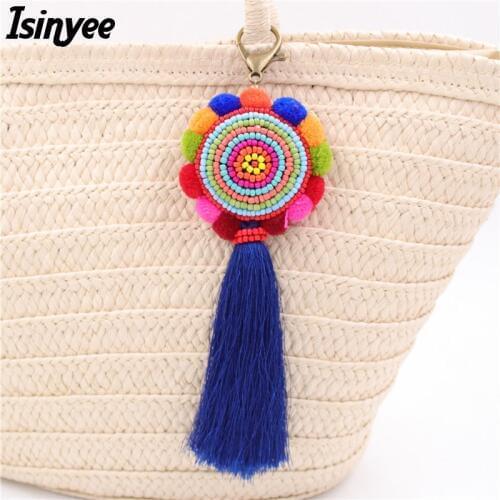 ISINYEE Fashion Handmade Rope Tassel Key Chains For Women Bags Accessories 2017 Beads Pom Pom Ethnic Keychain Bohemian Jewelry