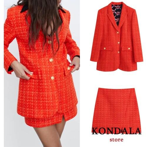 KONDALA Za 2021 Chic Red Plaid Office Lady Women Blazer Fashion V Neck Long Sleeve Oversized Jackets Female Casual Outwears