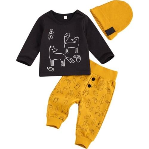 Children Spring Outfits Clothes Kid Girl Boy Long Sleeves Trouser Suit Toddler Babies Fox Printed Hat 3pcs Set