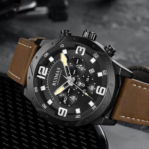 RUIMAS Watch Men Luxury Brown Leather Quartz Watches Military Chronograph Waterproof Wristwatch Man Relogio Masculino Clock 595