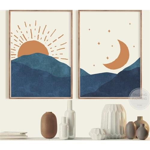 Sun and Moon Wall Art | Abstract Landscape | Mid Century Modern Art | Boho Living Room Bedroom Home Decor Canvas Painting