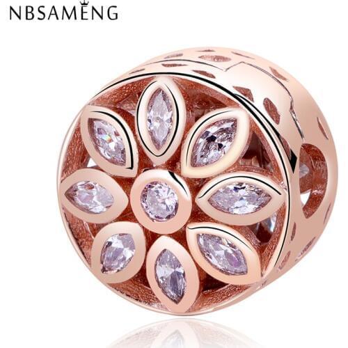 Autumn Newest 100% 925 Sterling Silver Bead Rose Gold Pave CZ Flower Clip Charms Beads Fit Bracelets Women Diy Jewelry