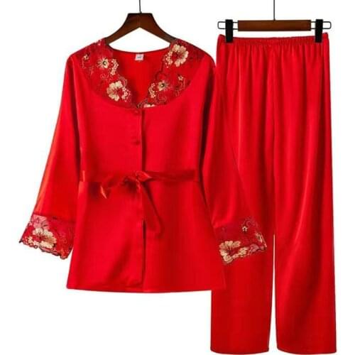 Rayon Pajamas Set Women Sexy Print Summer Female Pyjamas Long Shirt Stitch Casual Lingerie Home Lace Fashion Red Sleepwear