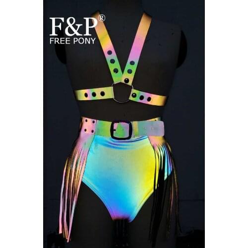Rainbow Reflective Leather Harness Outfits Fringe Clothing Burning Man Festival Costume Gogo Pole Dance Bottom Wear Clothes