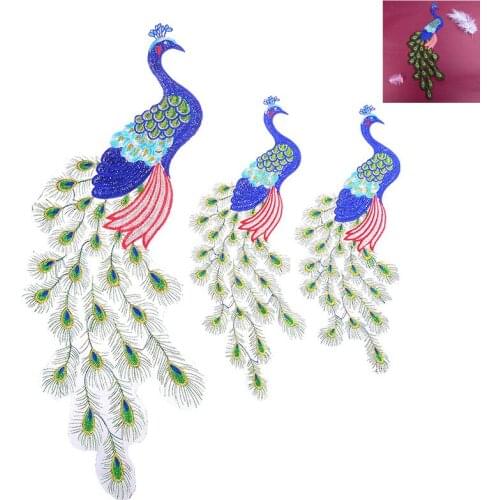 Colorful Peacock Embroidery Fabric Large Applique Patch Sequins African Lace Sew Dress Cloth Decorate Accessory DIY 1pcs