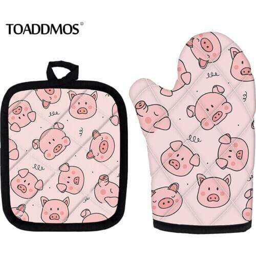 Cute Cartoon Pig Pink Printed Sets of 2 Flexible Cooking Oven Gloves Resistant Hot Pad for Microwave BBQ Cooking Baking Grilling