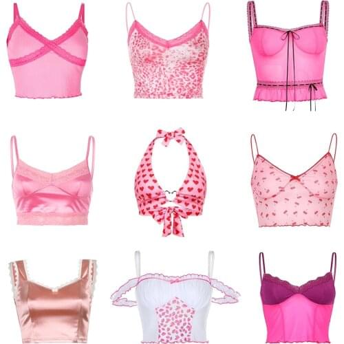 Soft Y2k Crop Tops E-Girl Spaghetti Strap Deep V With Lace Camis Tube Tops Chic Summer Ribbed Vest Backless 90s Blue Streetwear