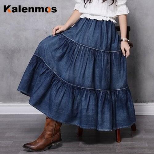 KALENMOS Denim Women Skirt Womens 2020 Boho Layered Swing Hem Vintage Patchwork Cake Saias Long Blue Harajuku Sweet Saia Skirts
