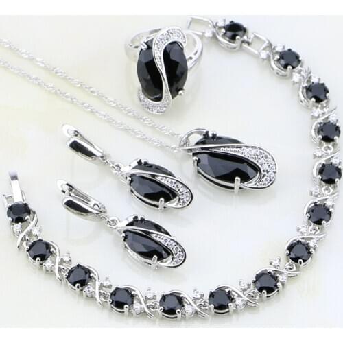 Silver 925 Jewelry Black Crystal White Zircon Jewelry Sets for Women Wedding Earring/Pendant/Necklace/Bracelet/Ring