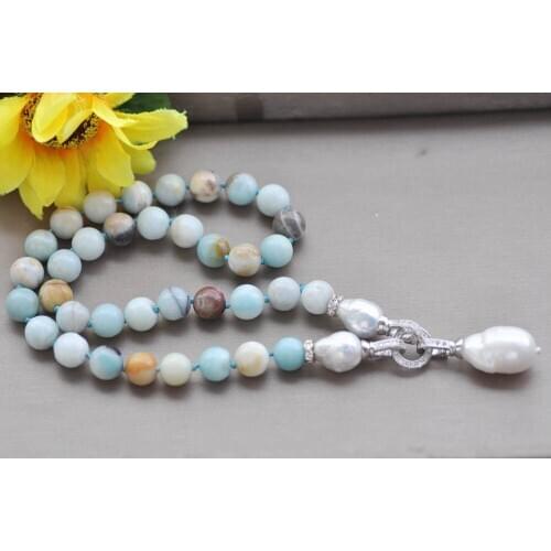 Z10291 18" Round Amazonas Stone White Keshi Pearl Necklace Pendant CZ
