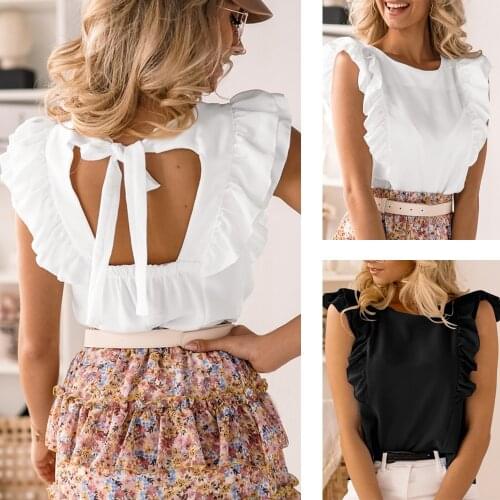 Ladies Ruffle Sleeveless Tie Up Shirts Blouse Solid Color Backless Blouses Female Summer Casual Tank Tops Office Street Wear