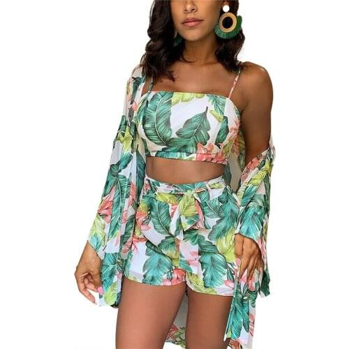 Summer New Women Boho 3Pcs Floral Print Cardigan Blouse+Crop Top+Shorts Lady Holiday Beach Three Pieces Set Casual Shorts Sets