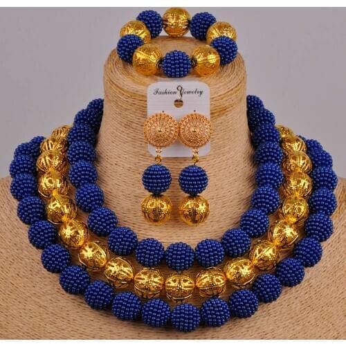 Royal blue simulated pearl beads costume necklace african jewelry set women nigerian wedding set ZZ20