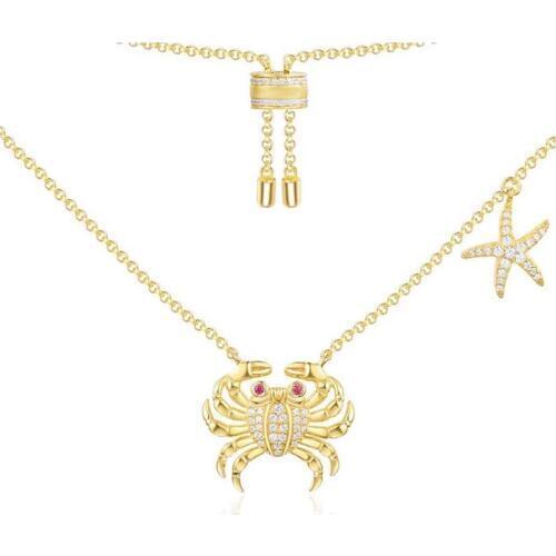 SLJELY True 925 Sterling Silver Micro Cubic Zirconia Stones Gold Color Sea Crab Starfish Pendant Necklace Women Luxury Jewelry