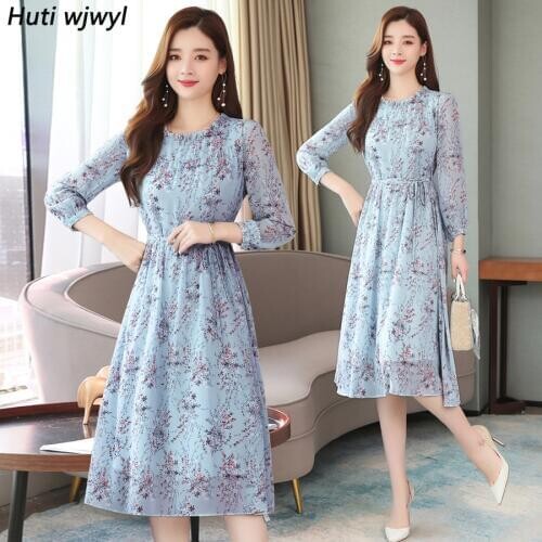 2021 Vintage Blue Floral Chiffon Dress Autumn Winter New Plus Size Print Long Sleeve Dress Elegant Women Bodycon Party Vestidos