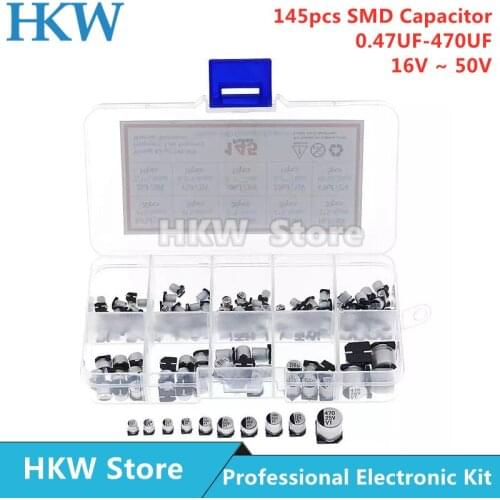 145pcs 10Values SMD 0.47 to 470uF Electrolytic Capacitor Assortment Kit For Electronic DIY Project with Box 16V 25V 35V 50V
