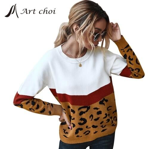 2020 Elegant Autumn Winter Women Casual Leopard Knitted Sweater Pullover Female Ladies Knitwear Simple All-match Tops Patchwork
