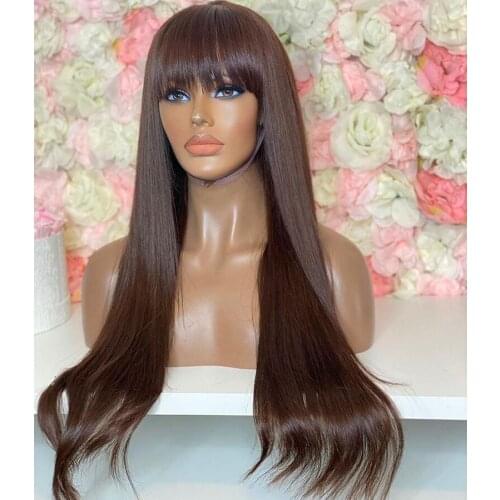 200Density Silky Straight Chocolate Brown 13x6 Lace Front Human Hair Wigs with Bangs Pre Plucked 360 Lace Fringe Wigs Remy