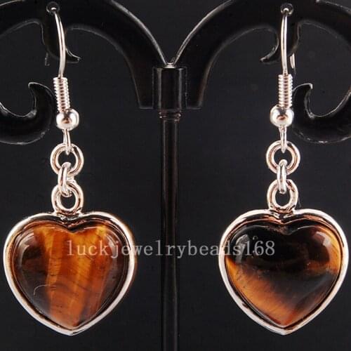 Free Shipping Women Fashion Jewelry Tigers Eye Heart Beads Dangle Earrings Pair C4161