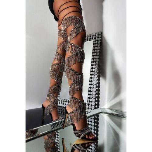 Bling Bling Woman Fashion Sliver Drill Stripe Tassel Lace Up Over The Knee Boots Crystal Fringe Thin Heels Long Sandals Boots