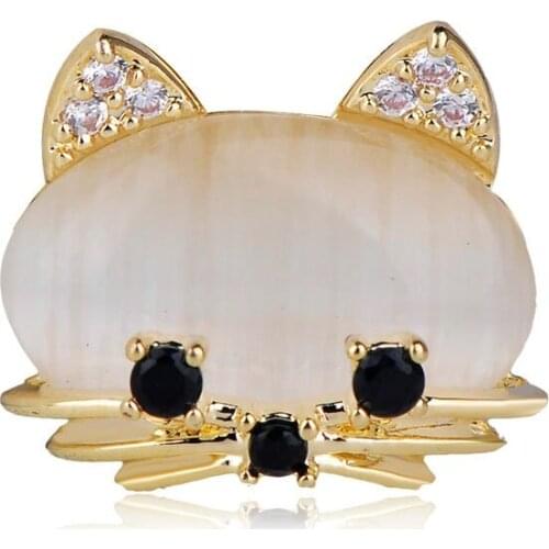 OI New Arrival Cute Black Eyes Small Cat Shape Brooches Gold Color Opal Copper Jewelry For Children Women Coat Corsage Pins
