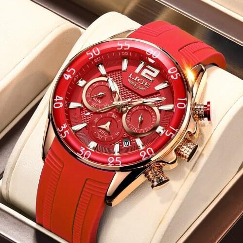 LIGE Classic Red Silicone Watch Top Brand Luxury Military Chronograph Waterproof Quartz Watches For Men Sports Date Watch Men