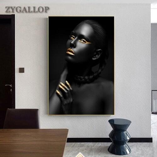 Black Gold Wall Art African Woman Painting On Canvas Posters and Prints Scandinavian Wall Pictures for Living Room Decor Mural