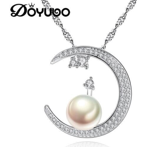 DOYUBO Vintage Women Freshwater Pearl Pendant Necklace 925 Sterling Silver Moon & Star Cubic Zirconia Charms Chain Jewelry VA254