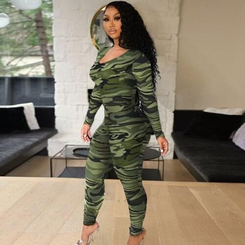 Camouflage Jumpsuits Women Playsuits Hipster Bandage Long Sleeve Workout Sporty Night Club Indie Autumn 2021 Athletic Baddie Hot