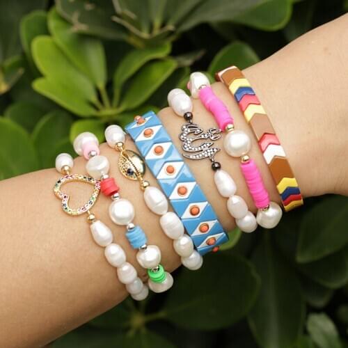 Classic Natural Freshwater Pearl CZ Gold Evil-Eye Pendant Handmade Baroque Weave Beads Charm Bracelet For Women Girl Jewelry