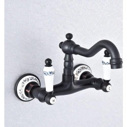 Oil Rubbed Brass Ceramic Handle Base 2 Hole Wall Mount Kitchen Bathroom Basin Faucet Sink Mixer Taps Swivel Spout 360' dsf761