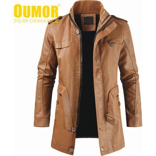 Oumor Men Autumn Fashion Long Warm Fleece Leather Jacket Coat Men Winter Casual England Style Vintage Leather Jacket Parkas Men