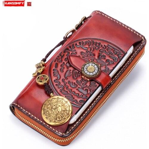 New Genuine Leather Men Long Wallet Retro Leather Phone Clutch Bag Purse Jiugong Card Holder Wallet Sterling Silver