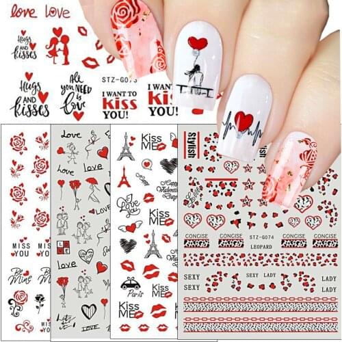 Valentines Stickers for nails Rose Sexy Red Lips Heart Leopard Gel Nail Polish Slider New Year Manicure Decor Tips SASTZG068-085